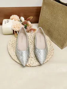 Silver Color Pointed Toe Flat Shoes, Soft Sole Comfortable, Casual All-Season Footwear, Elegant Slip-On Design for Work and Weddings