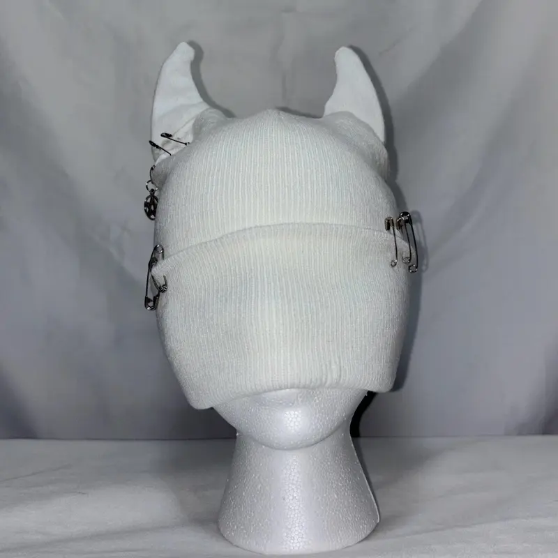 Devil Horn Beanie - White, Knitted Design, Features Horn Accents, Ideal for Halloween and Costume Wear