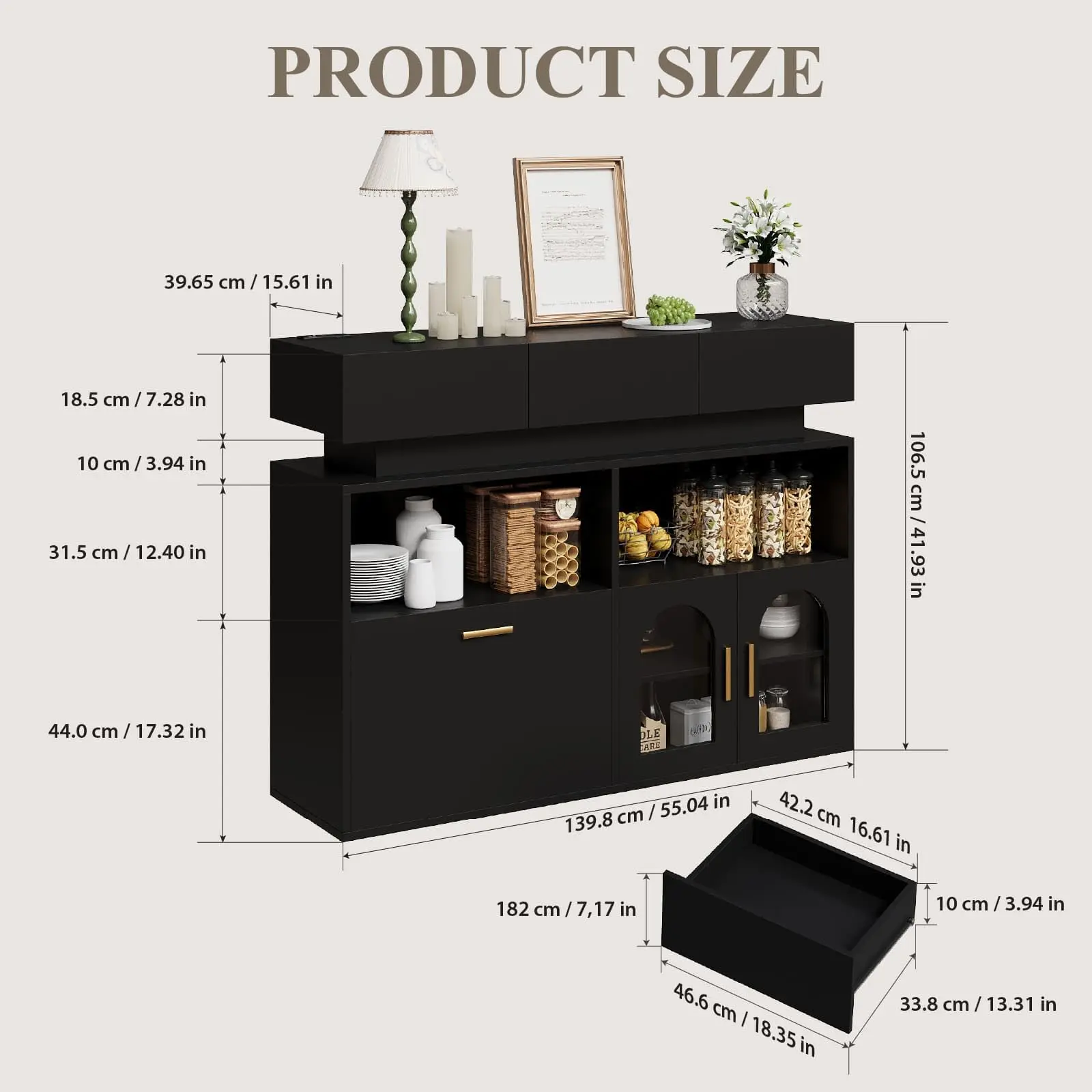 Home Coffee Bar Sideboard Cabinet, practical kitchen storage unit built with 3 drawers and customizable adjustable shelf, ideal for pantry and dining room storage organization.