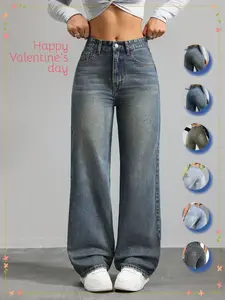 Women's High-Waisted Wide Leg Jeans, Comfortable Casual Daily Wear, Classic Boyfriend Style, All Seasons, Fitted Long Pants with Pockets
