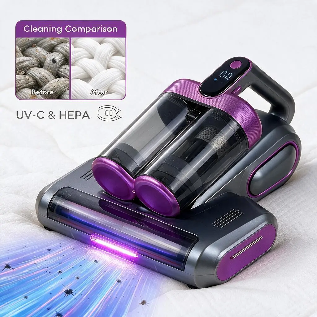 Cordless Mattress Vacuum Cleaner, Dust Mite Remover Bed Vacuum with UV Light, Handheld Mattress Vacuum Cleaner with Brushroll, 16Kpa Suction, 253.7nm UV-C Light, HEPA Filter & Ultrasonic Function, Portable for Bed, Sofa & Pet Hair Cleaning Vacuum Cordless
