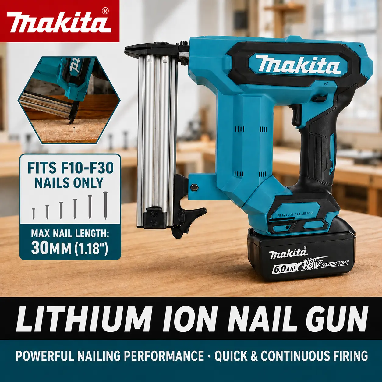 Makita F30 Cordless Electric Impact Nail Gun, suitable 1.18” inch straight nails, compatible with 18V batteries, woodworking, construction, or DIY tools, highly efficient and stable. Efficiency Portable