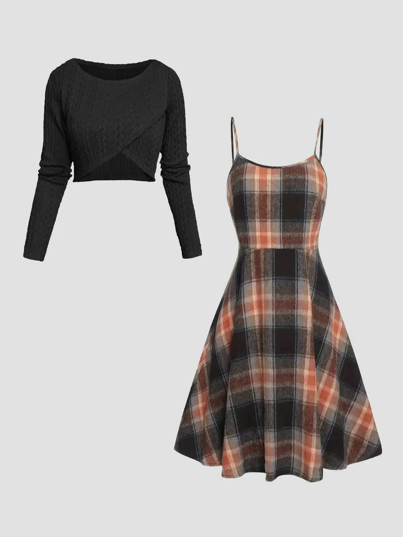 Women's Solid Wrap Hem Round Neck Textured Long Sleeve Crop Top & Plaid Print A-Line Dress Set, Preppy Fashion Cozy Stretchy Casual Chic Outfit for School, Daily & Casual Wear, Women's Clothing for Spring & Fall, Casual Lightweight Dress