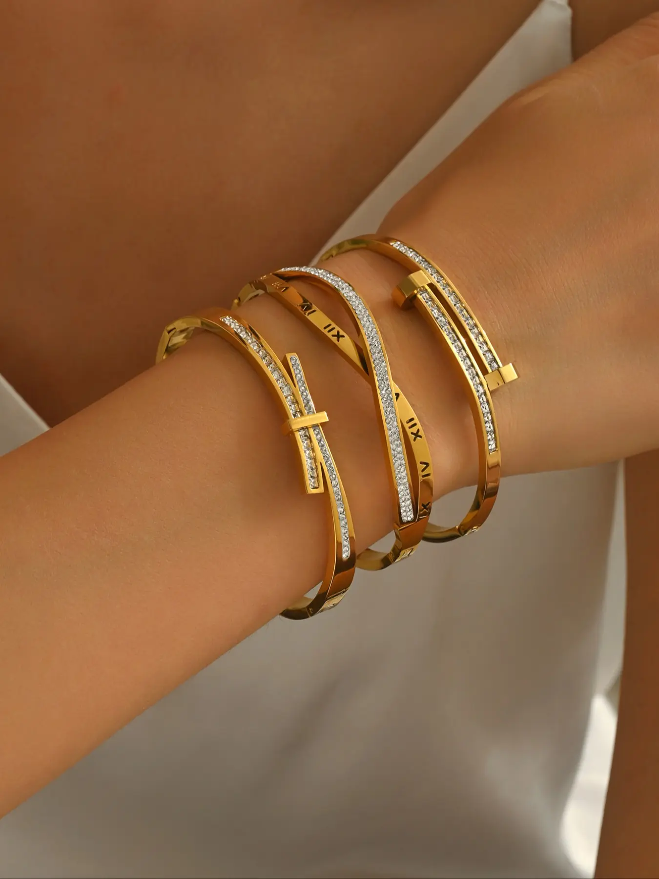 3pcs Elegant Zircon Stainless Steel Stackable Bracelet Set, High Quality Bracelet, 18k Gold Plated, Waterproof, Personalized Jewelry for Women, Wedding Gift, Stacked Design Bracelets
