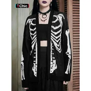 Women’s skeleton print drop-shoulder knitted cardigan, casual long-sleeve open-front knitwear for autumn and winter, women’s clothing for daily wear, loose cardigans for women, Halloween (gift)