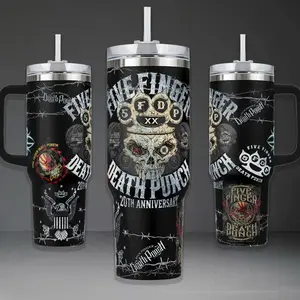 Five Finger Death Punch 20th Anniversary Tumbler, FFDP Knuckle Skull 40oz Cup with Handle, Death Punch Retro Rock Stainless Steel Travel Mug, Metalhead Gift, FFDP Inspired Insulated Tumbler