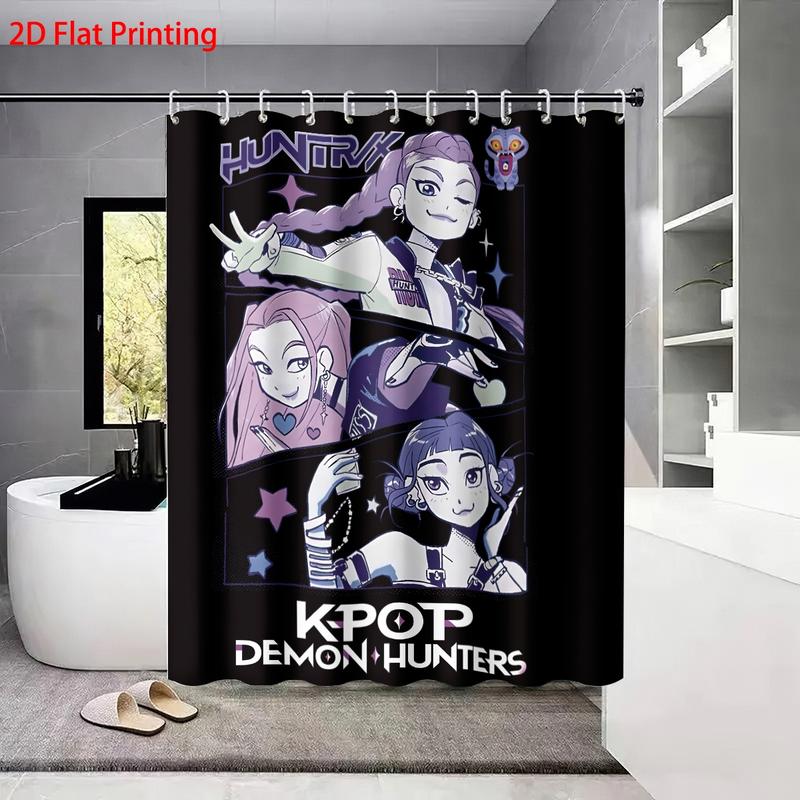 4pcs K-POP Demon Hunters Bathroom Set, Shower Curtain Sets, Shower Curtain with Hooks, Non-Slip Bath Rug, U-Shaped Toilet Mat, Toilet Lid Cover, Bathroom Decoration Accessories