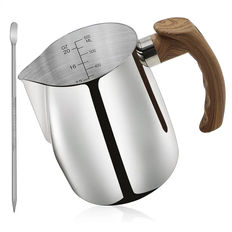 New 20oz/600ML Stainless Steel Milk Frothing Pitcher - Dripless Pouring Spout, Heatproof Anti-Scald Handle, Ergonomic Wood Texture Grip, Sturdy Looped Handle, Measuring Marks for Espresso Steaming, Home Supplies for Daily Use
