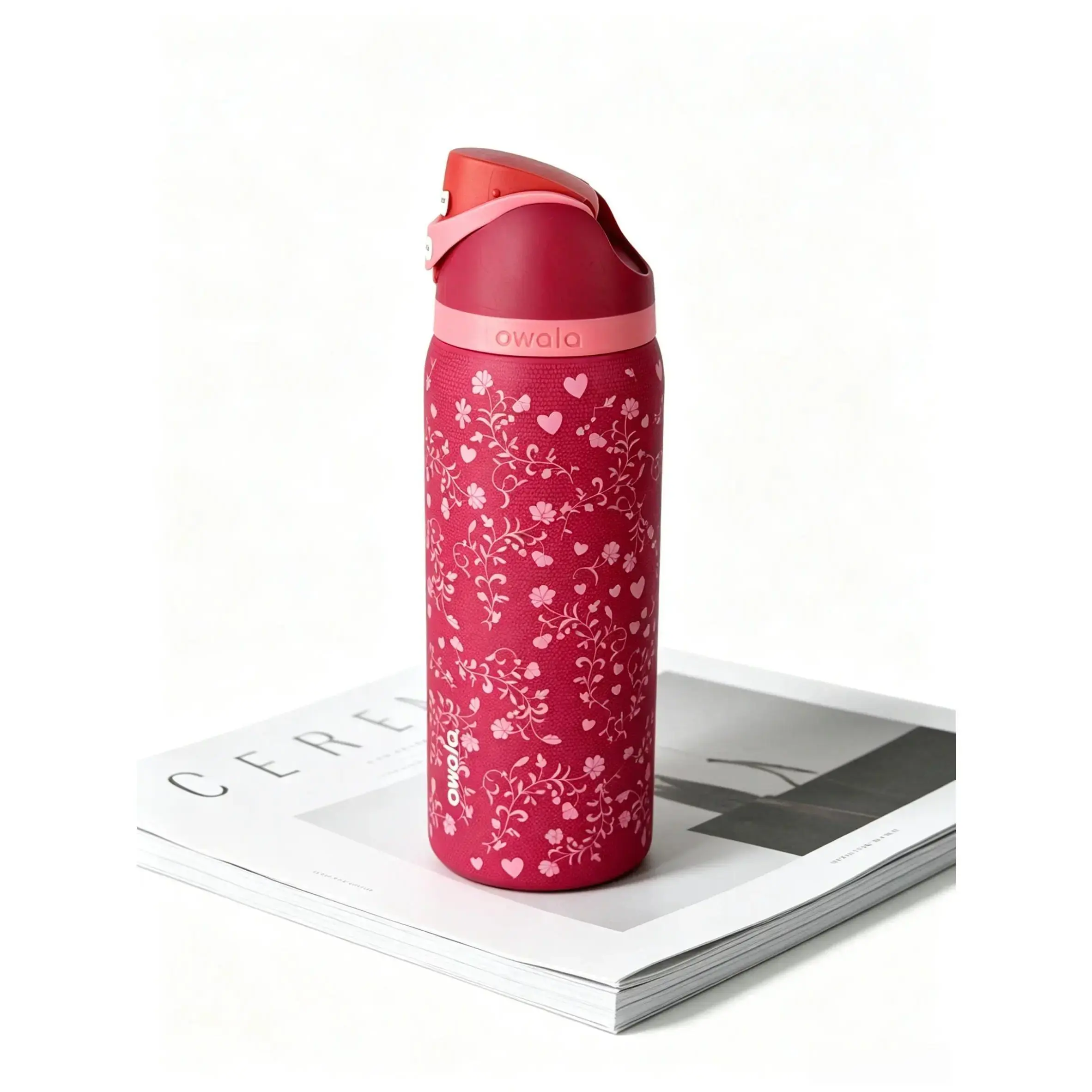 Owala FreeSip 32oz Insulated Leakproof Stainless Steel Hydration Tumbler - Special Edition Floral Heart Red, 24hr Cold Retention, BPA-Free Reusable Portable Kitchenware Drinkware Vacuum Flask