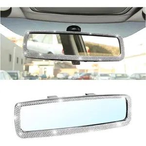 Bling Car Rearview Mirror, Decorations Rear View Mirror with Crystal Rhinestones & Diamonds, Car Interior Trim Accessories, Clip-on & HD Glass, Sparkly Gift for Mother Women Girls (Silver)