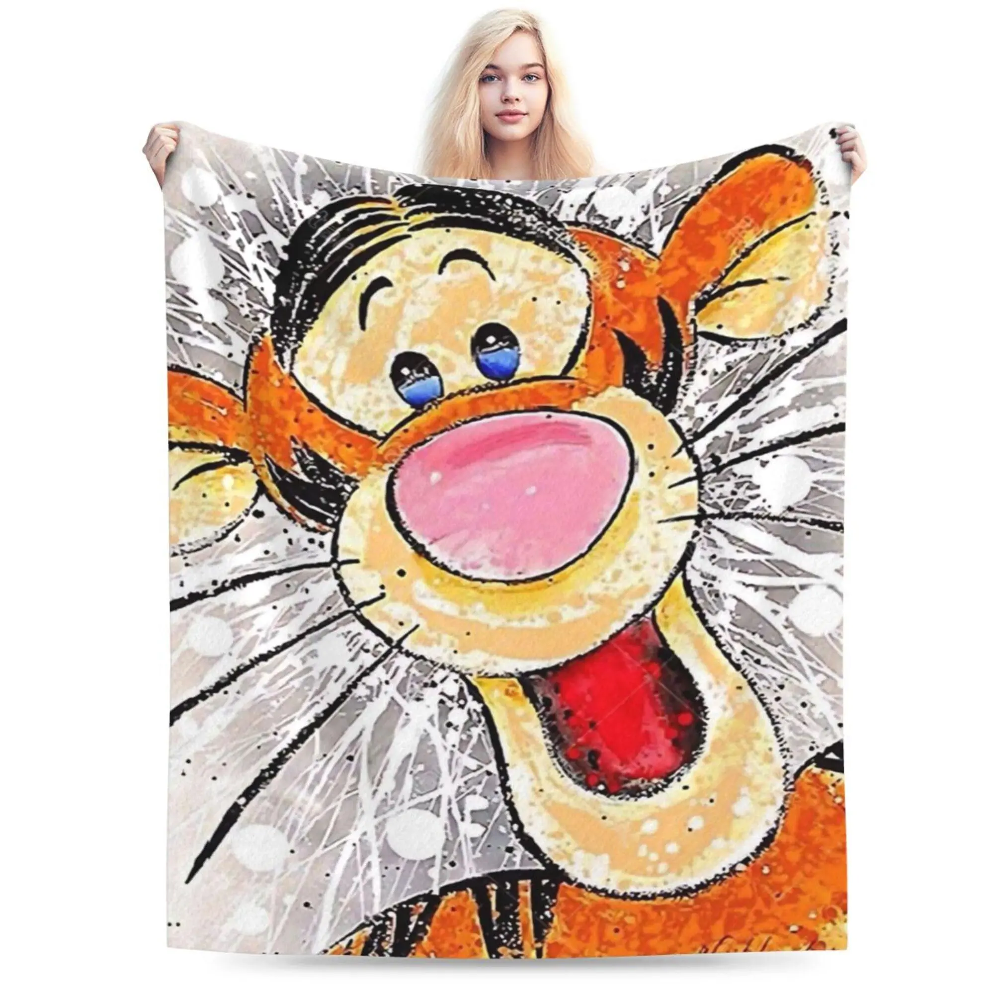 [SummerVibes] DISNEY CLASSIC Tigger Throw Blanket – Vibrant Pop Art Style, Expressive Disney Tigger  Face Design, Dynamic Splash Background, Soft Fleece Blanket for Kids, Bedroom or Gift