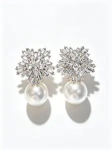 Pearl & Crystal Earrings, Sparkling Snowflake Studs, Elegant Statement Jewelry, Formal & Everyday Wear, Viral Jewelry Trend