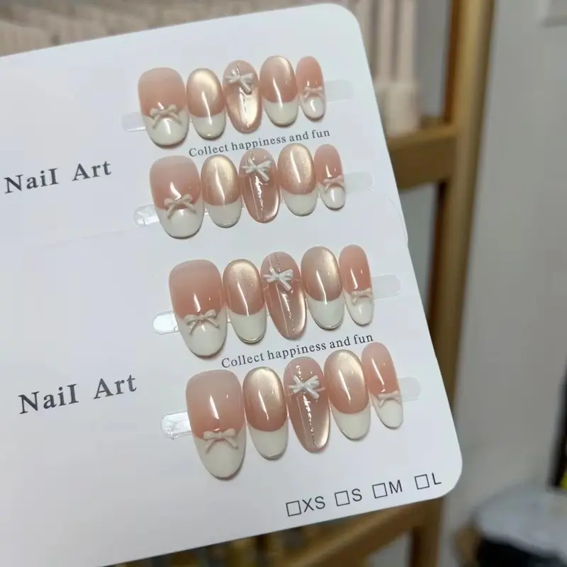 10pcs high-end Pink cat's eye bow handmade fake nails, Pink-toned fresh and light princess style nail decoration patches Nail Art Diy