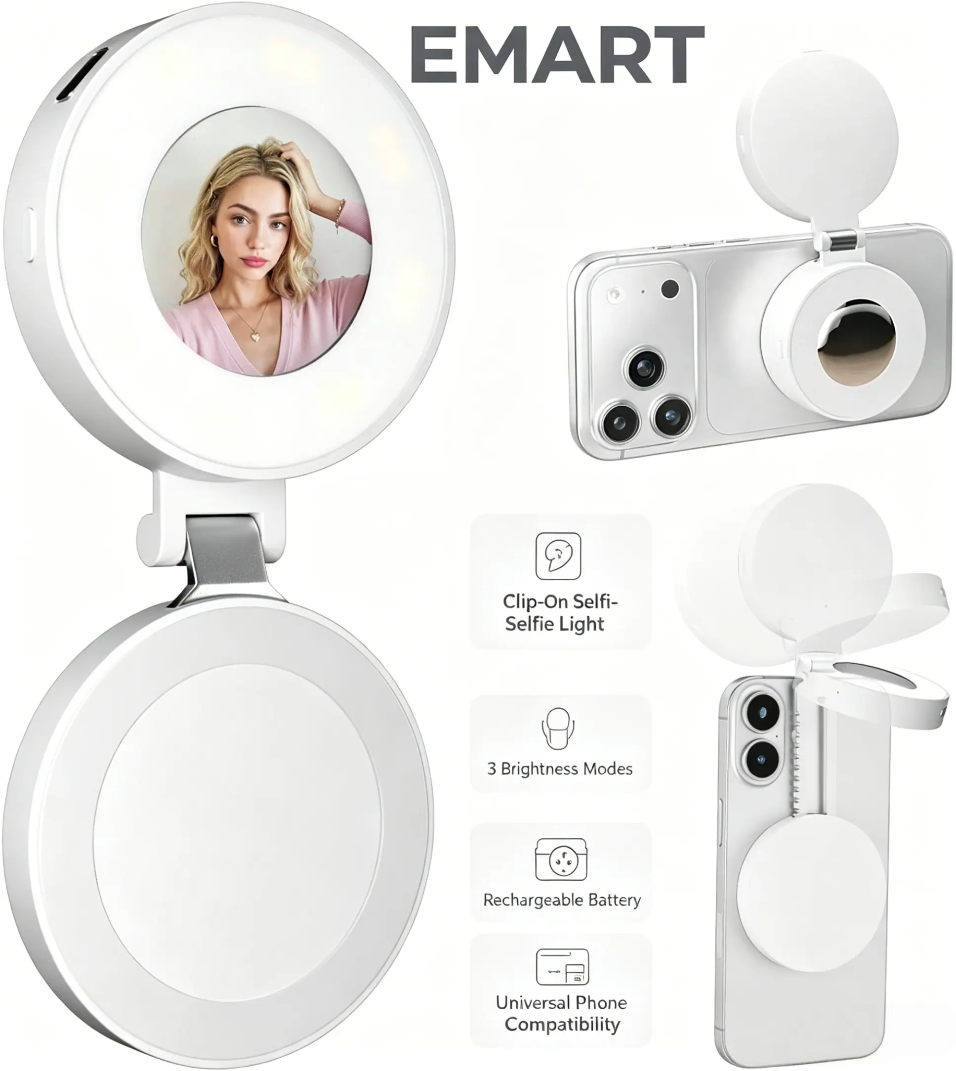 EMART Magnetic Selfie Light, Mini Phone Fill Ligh Compatible with iPhone Magsafe,  Foldable LED Ring Light with Mirror Adjusted  Modes Photography, Makeup, Vlogs, TikTok, Video Recording, Portable Selfie Light, Selfie Accessories Selfie Light Kit Cellphon