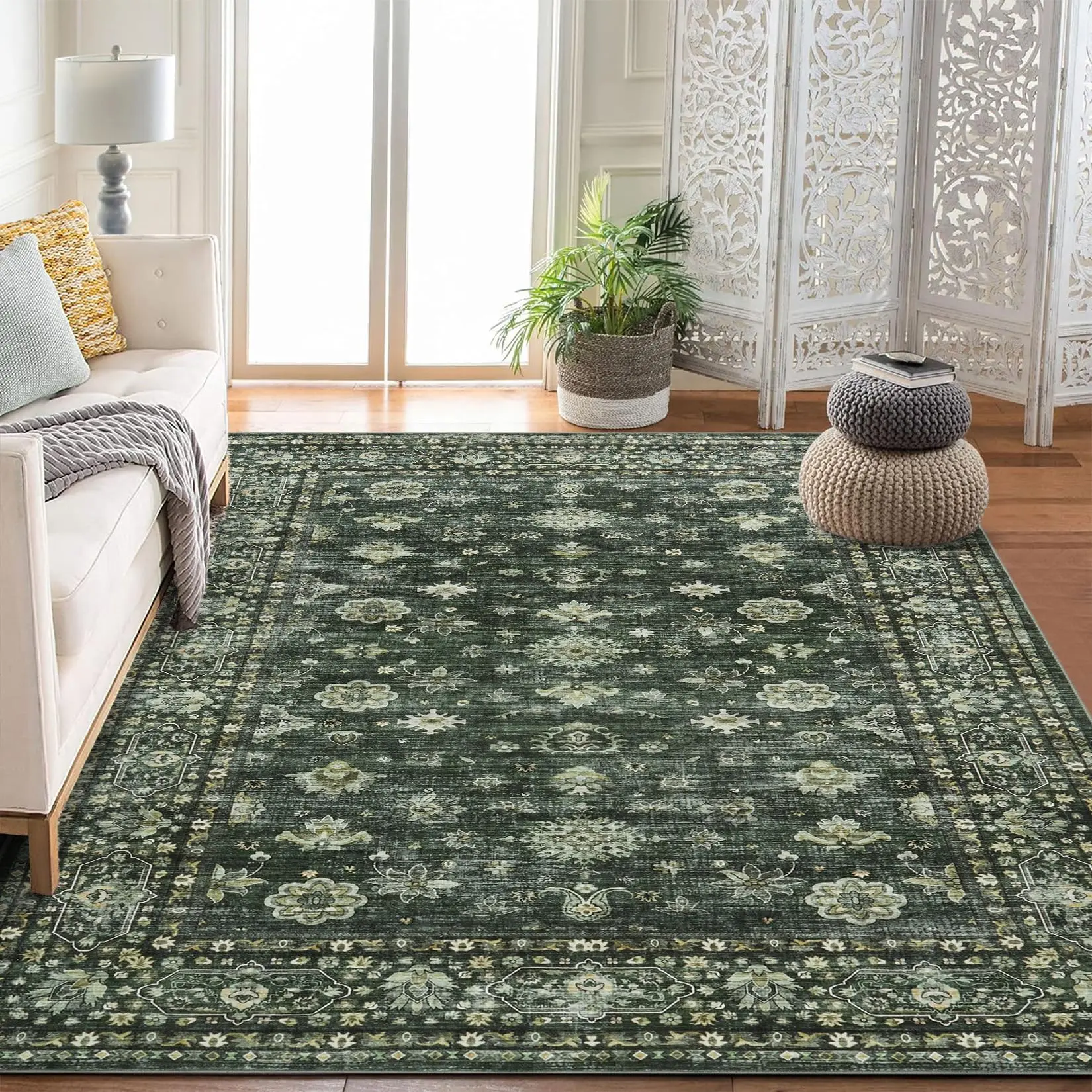 【GARVEE】Area Rug 5'x7' Indoor Vintage Living Room Carpet Washable Distressed Rug Green Floral Bedroom Retro Accent Throw Rug Office Dining Room Nursery