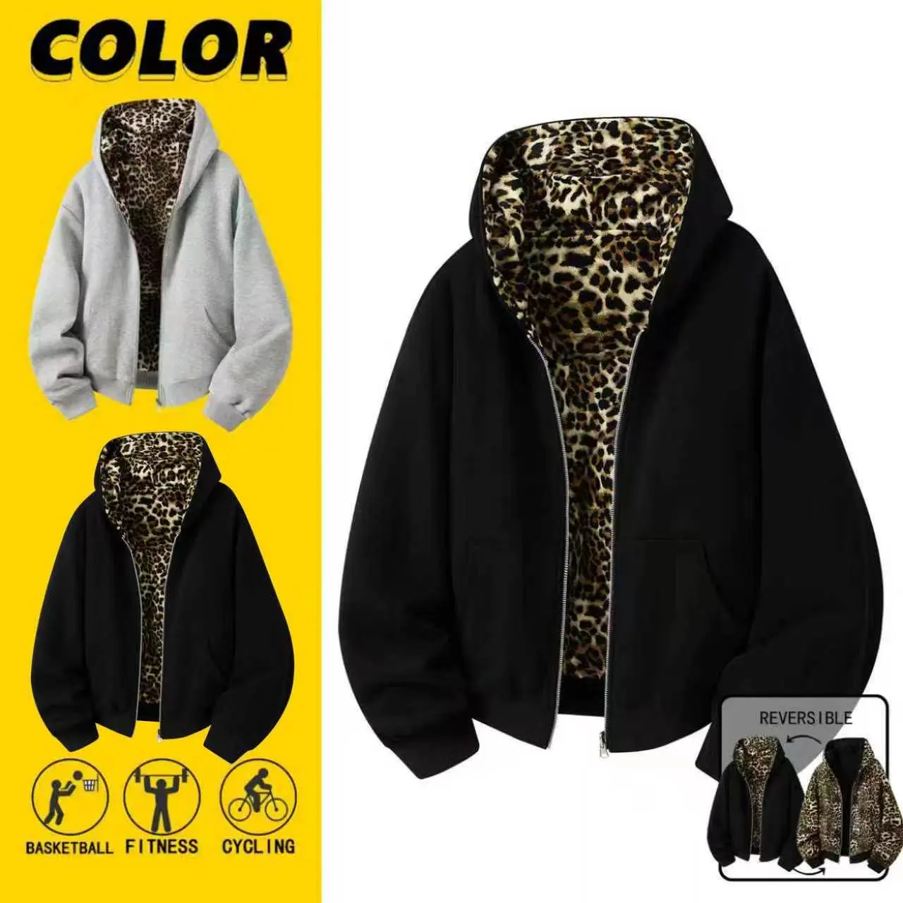 Menswear Men's 2-Way Wear Solid Color & Leopard Print Cardigan Hoodie - Color-Block, Spring/Autumn Casual Daily, Street Outing Tops