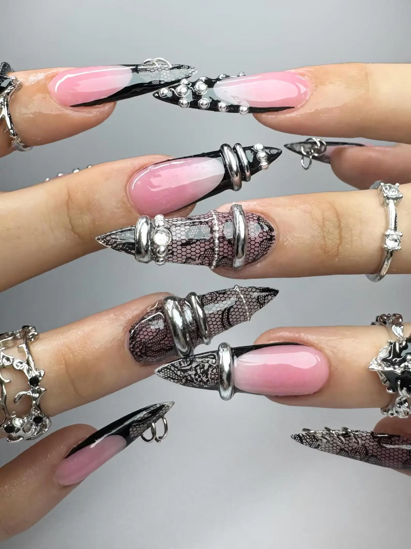 Gothic Lace Press On Nails, Silver Piercing Stiletto Fake Nails, Black French Tip 3D Chrome Rings, Edgy Alt Y2K Grunge Custom Nails