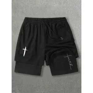 Fashion cross and faith pattern double-layer shorts, cross printed shorts, soft shorts, comfortable faith style daily wear, home fashionRAIMENTRY