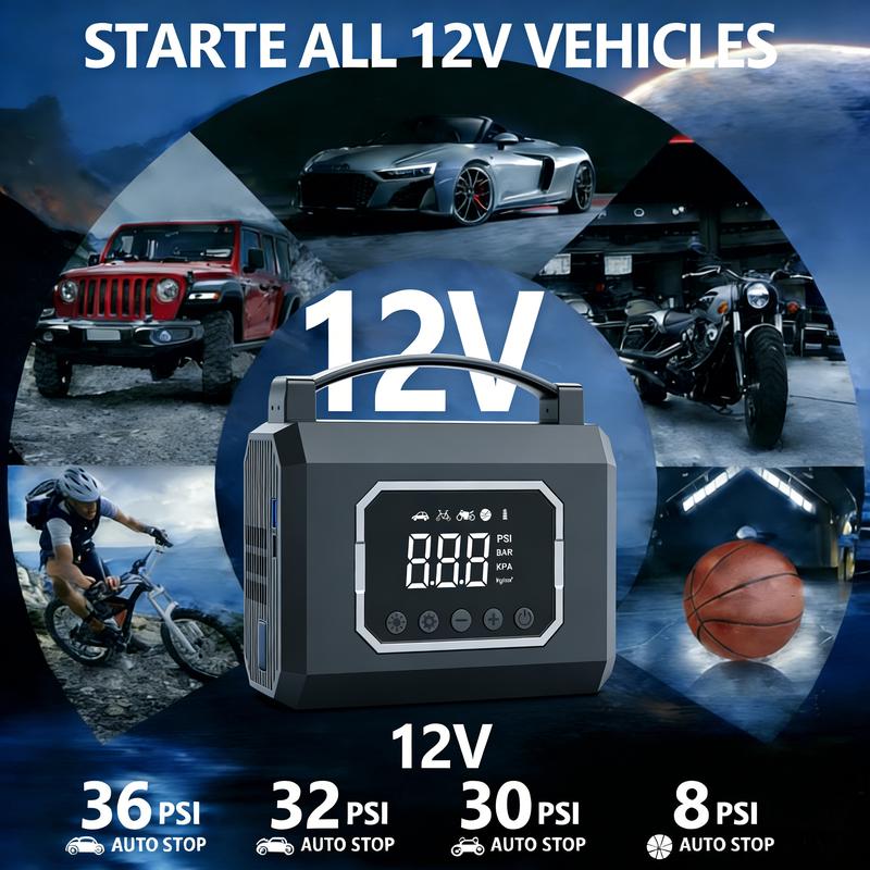 16000 Milliamps, Portable Power Supply, Portable Intelligent Power Supply And Inflation Device, Car Battery Emergency Starter With Tire Inflation Function, 9V/2V Car Battery Emergency Starter, Equipped With LED Lights