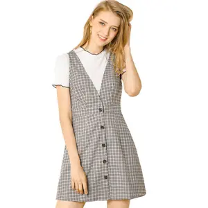 Allegra K Women's V Neck Gingham Check Pinafore Suspenders Plaid Print Dress White Small