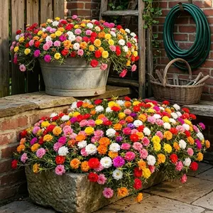 Portulaca Moss Rose Seeds - Double Flowered Moss Rose, Vibrant Mixed Colors Non-GMO, Drought Tolerant Easy Grow Large Blooms for Containers Hanging Baskets Garden Pollinator Attract