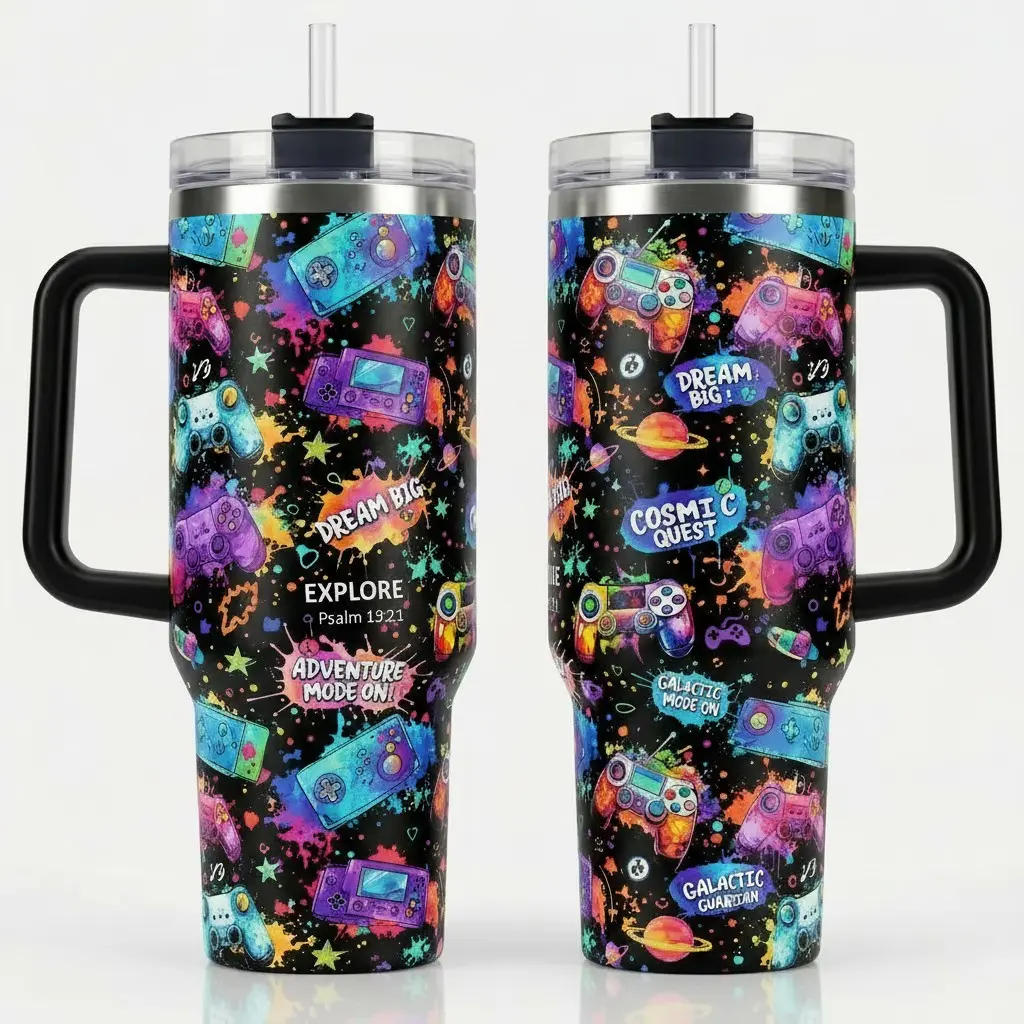 'Dream Big & Cosmic Quest' 40oz Vacuum Insulated Stainless Steel Tumbler with Handle, Straw, & Galactic Game Controller Art, Featuring Christian Psalm 19:21 Bible Verse, 'Adventure Mode On' Inspired Reusable Drinkware for Teen Boys, Portable, Car Cup