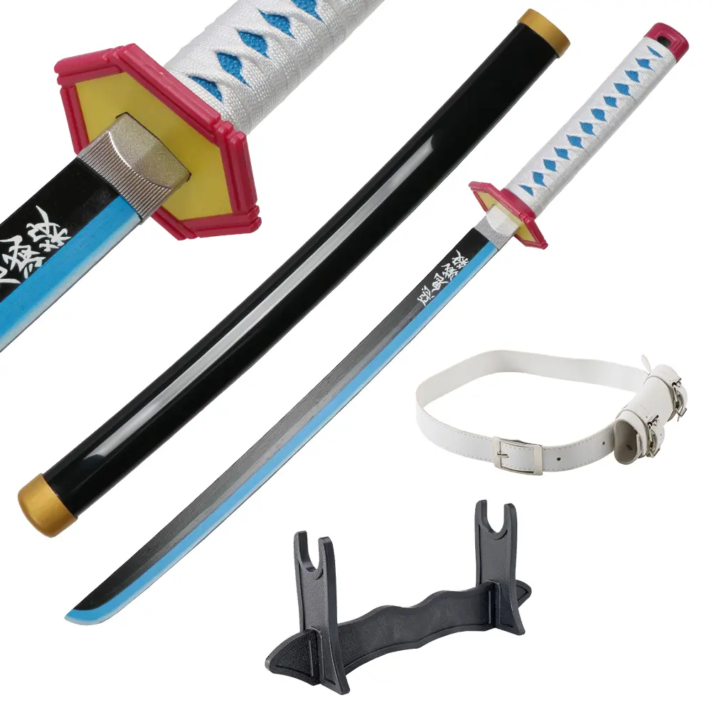 31-in Tomioka Giyuu Cosplay Bamboo Wooden Sword for Demon Slayer, Unisex Fencing Prop with Belt, Plastic Holder Stand, 0.8 lbs Decoration for Anime Fans Halloween Role Playing Christmas Gift, 31 Inches, Cosplay Props