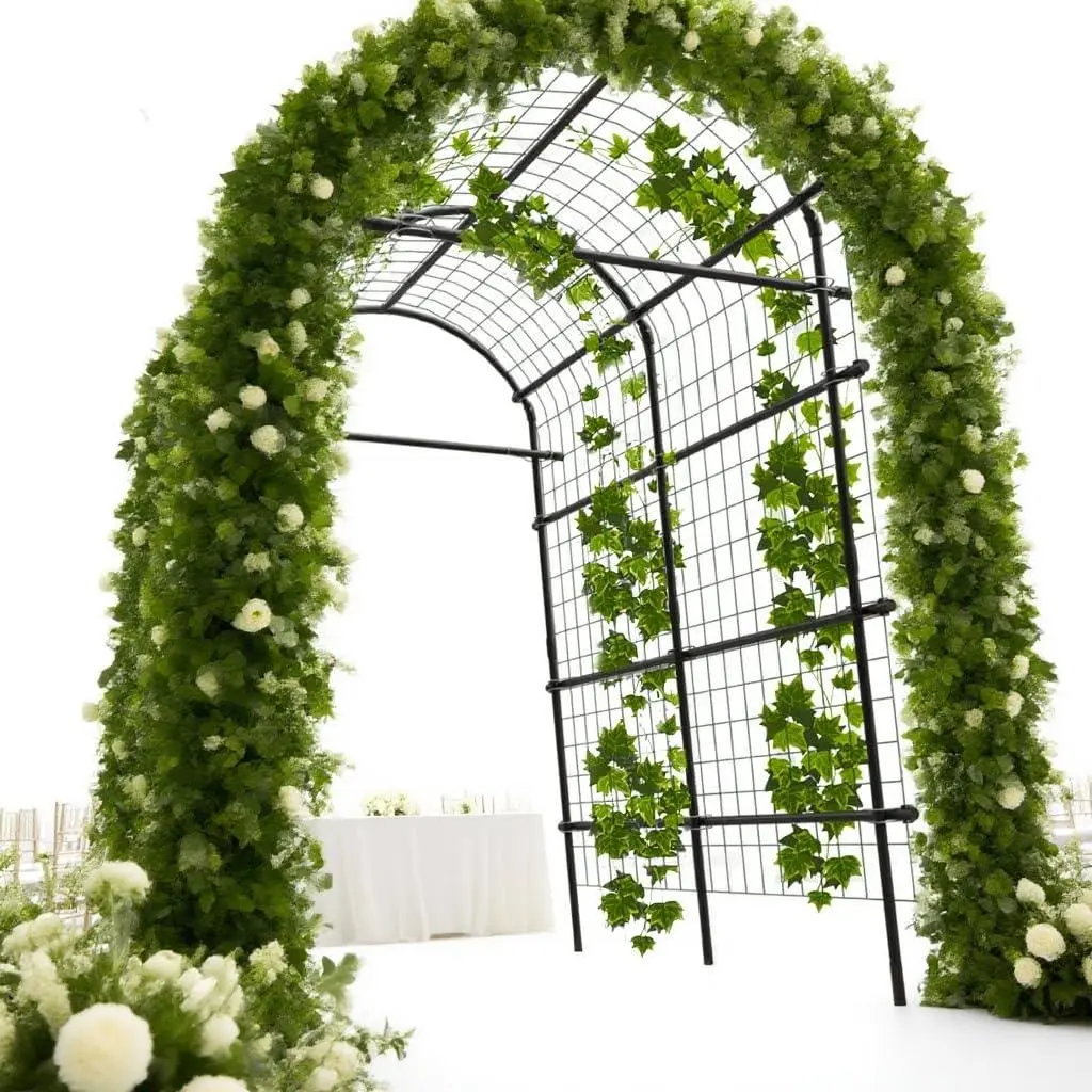 Garden Arch Trellis, 7.5FT Extra Tall Polyethylene-Coated Stainless Steel Garden Trellis for Climbing Plants, Vegetables, Flowers, Outdoor Pergola Arbor Wedding Party Decoration, Cucumber Trellis, Gar-9 horizontal pipes
