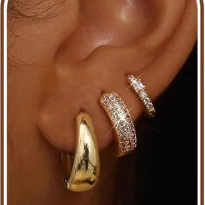 14K Gold Plated Chunky Hoop Earrings Sensitive Ears Non Tarnish Huggie Stacks 3Pcs Lightweight  hypoallergenic trendy jewelry