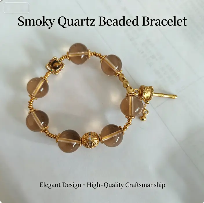 18K Gold Plated Natural Smoky Quartz Bracelet, Tibetan Prayer Wheel & Tiger Eye Charm Handmade Crystal Beaded Bracelet Spiritual Lucky Jewelry for Women