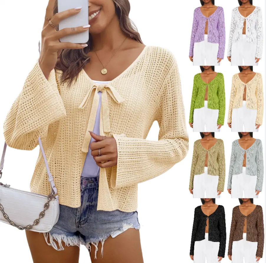 FMEYOA Womens Summer Crochet Lightweight Cardigans Tie Front Mesh Knit Long Sleeve Casual V Neck Beach Cover Up