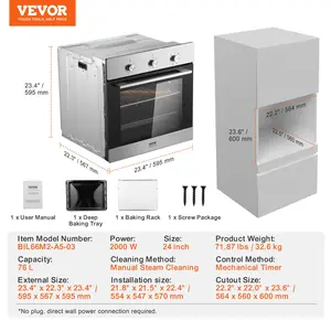 VEVOR Single Wall Oven, 24 Electric Built-in Wall Oven with 6 Cooking Functions, 2.68 Cu. Ft Electric Wall Ovens with Timer, 2000W Electric Oven with Baking Rack and Tray, for Kitchen