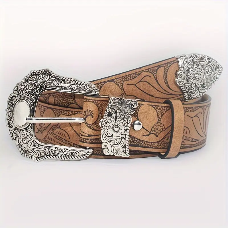 Pairing A Western-style Carved Buckle Belt With A Vintage Floral Embossed Solid Color PU Belt, A Classic Denim Belt, Suitable For Daily Gatherings