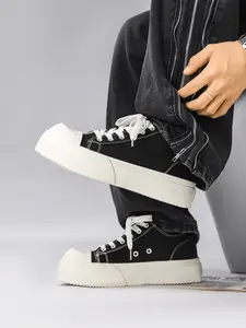 Unisex Black-White Contrast Platform Canvas Shoes: Retro Versatile Style, Breathable Canvas, Height Boost Platform, Double Lace Design. Ideal for daily commute/streetwear.