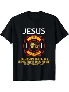 Men's Vintage Christian Firefighter T-Shirt - Black Crew Neck Tee with Jesus Christ Fire Department Badge Design (Red Cross & Flames), "Original Firefighter Keeping People from Burning" Scripture - Moisture-Wicking All-Season Shirt for Church, Fire Statio