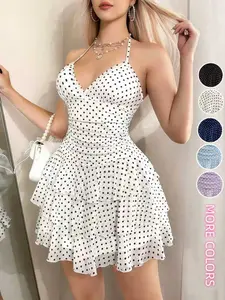 Fashion Summer Halter Neck Polka Dot Floral Decoration Midi Dress, Stylish Women's Clothing, Perfect for Warm Weather