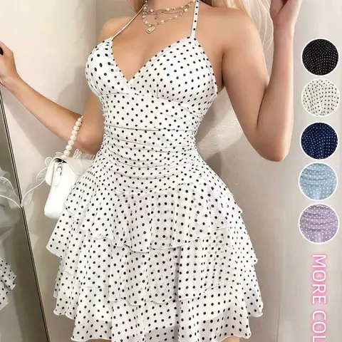 Fashionable Summer Halter-Neck Polka Dot Dress, Stylish Women's Clothing Perfect for Warm Weather, Casual Chic Dress