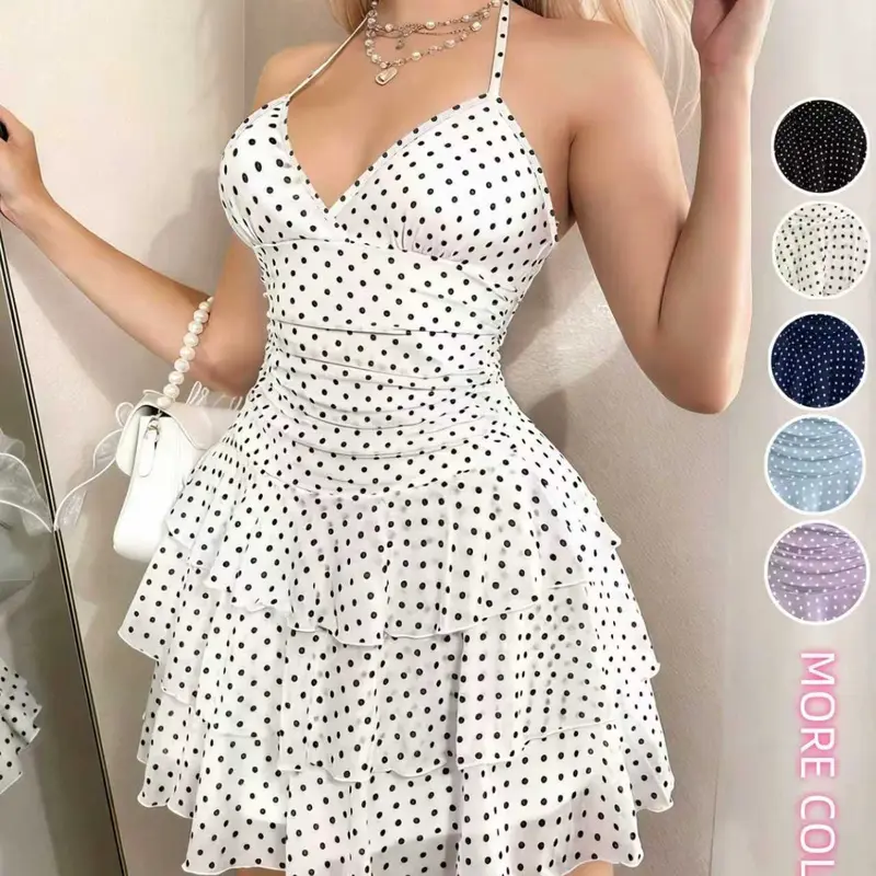 Fashionable Summer Halter-Neck Polka Dot Dress, Stylish Women's Clothing Perfect for Warm Weather, Casual Chic Dress