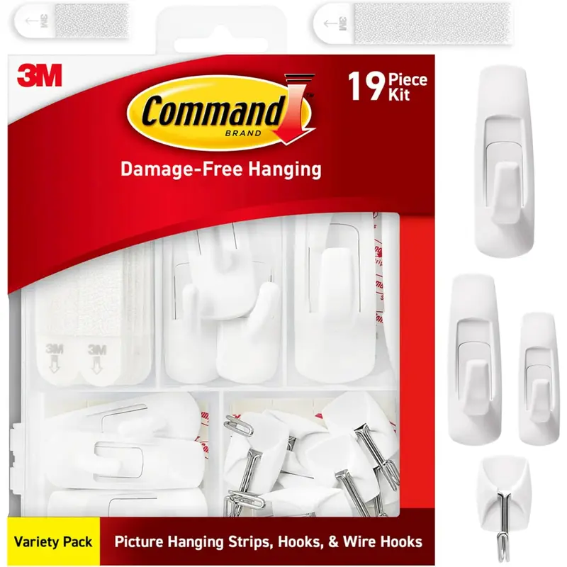 Command Variety Pack, Including 10 Pairs of Picture Hanging Strips, 6 Wire Hooks and 8 Utility Hooks for Hanging Christmas Decorations, Damage Free Hanging up to 19 Items with Command Strips, 1 Kit 3M