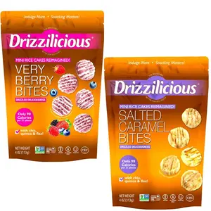Drizzilicious Very Berry & Salted Caramel Flavors Mini Rice Cakes Duo Pack Vegan Gluten-Free Non-GMO Allergen-Free 90 Calories Per Serving Crunchy Snack 4 oz Bags Pack of 2