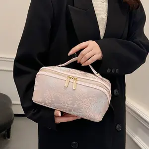 Aesthetic Embroidered Makeup Bag for Women, Large Capacity Travel Toiletry Organizer, Portable Cosmetic & Skincare Storage Pouch, Spacious & Lightweight for Vacation, Bathroom & Daily Use