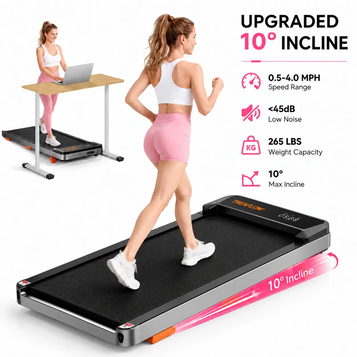 JC Incline Foldable Treadmill Walkpad - Home Workout Equipment for Cardio at Home & Office, Carbon Steel Frame, 10% Incline, 2.5HP Quiet Motor, Remote Control, Wheels for Easy Mobility, LED Display, 265 lbs Capacity, Adjustable Handrail