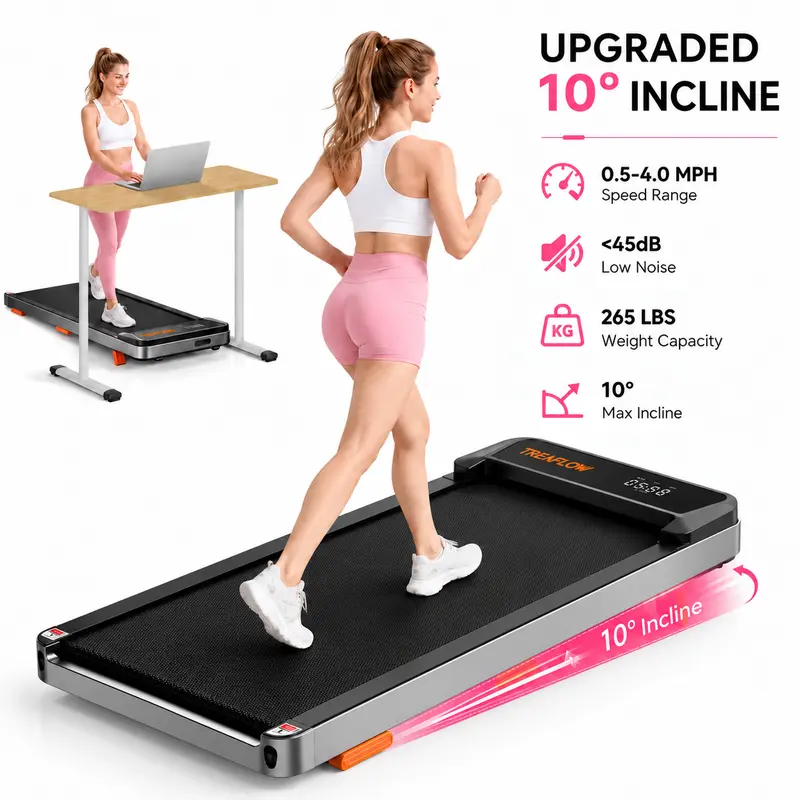 JC Incline Foldable Treadmill Walkpad - Home Workout Equipment for Cardio at Home & Office, Carbon Steel Frame, 10% Incline, 2.5HP Quiet Motor, Remote Control, Wheels for Easy Mobility, LED Display, 265 lbs Capacity, Adjustable Handrail