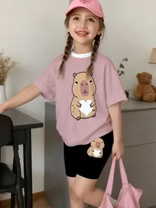 Girls' Cartoon Short Sleeve T-Shirt and Shorts Set, Cute Fun Loose-Fitting Casual Streetwear, Perfect Gift for Kids Outdoor Activities