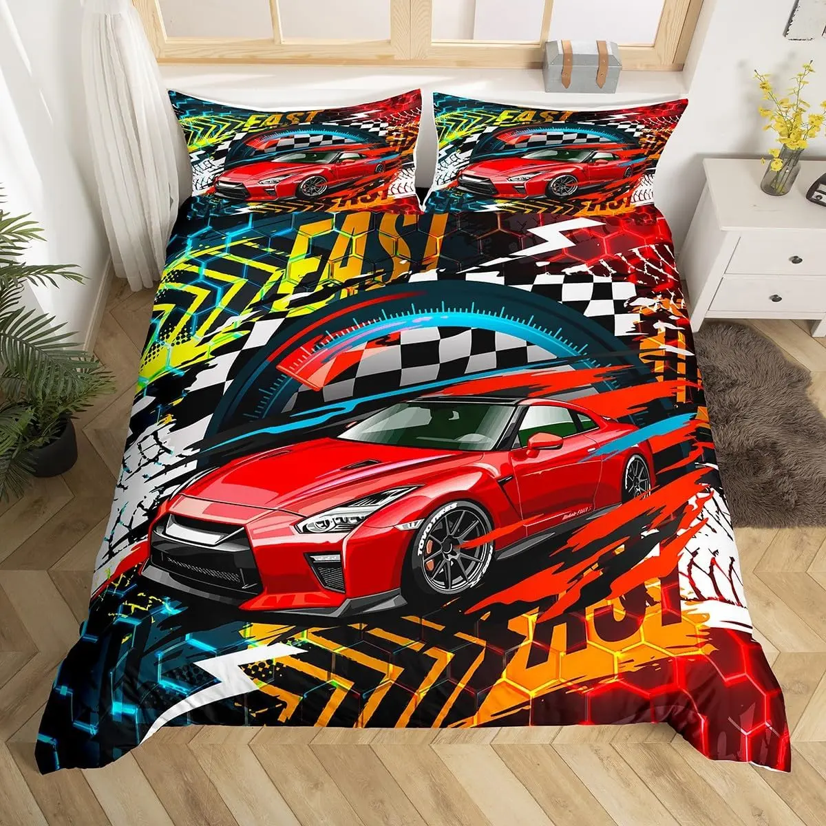 Feelyou Duvet Cover Set - Luxury Racing Car Bedroom Bedding, Red Honeycomb Buffalo Check Microfiber Bed Linen, Machine Washable (No Comforter), Bedroom Bedding Set, Duvet Cover Sets