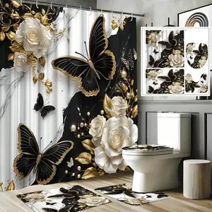 1/4 Set Of Fashionable Marble-Effect Butterfly Shower Curtain Set, Bathroom Decorations And Accessories, Anti-Slip Bathroom Floor Mat, U-Shaped Carpet, Toilet Seat Cover, 70.9*70.9in Shower Curtain Cord, 12 Durable Hooks, Exquisite Holiday Gift