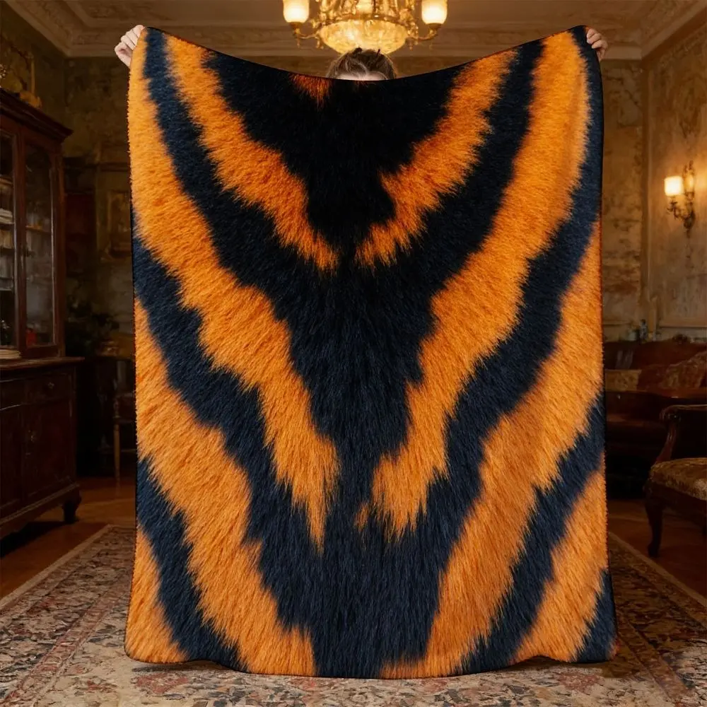 Orange Tiger Print Blanket, Black Stripe Fleece Throw Blanket, Soft Cozy Plush Blanket for Couch Sofa Bed, Wild Animal Pattern Room Decor, Aesthetic Home Decoration Blanket, Funny Gift for Teens Adults Animal Lovers