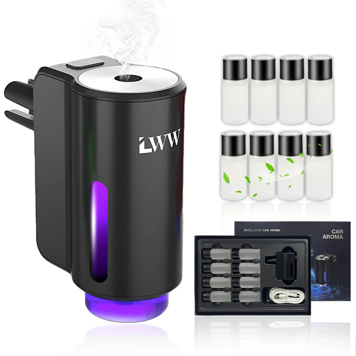 LED Car Air Freshener Diffuser, Smart Car Air Freshener, Car Fragrance Diffuser, Car Scent Diffuser Air Freshener with Three Adjustable Modes, Aromatizante Para Carro with 8 pcs Essential Oil, Car Fresheners Long Lasting, Car Diffusers