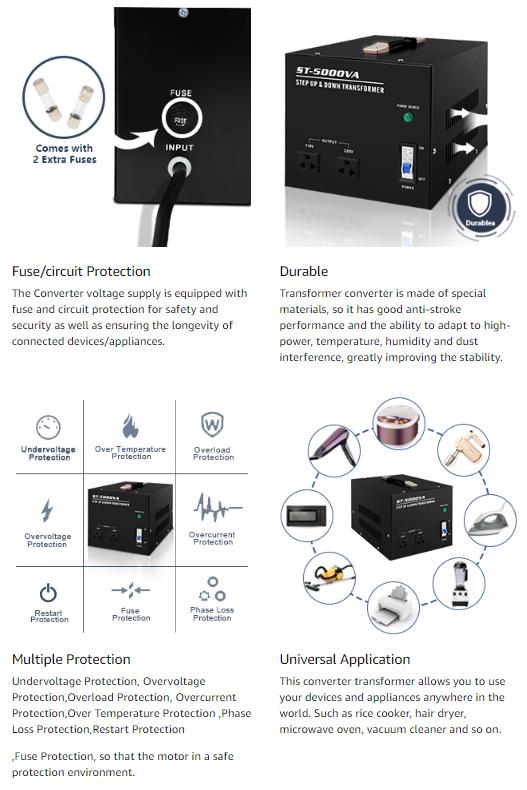 Voltage Converter Transformer 1500w/2000w/5000w,Step Up/Down Power Converter AC 110v to 220v / 220v to 110v,Transformer Converter with Two Spare Fuses,2 Universal Outlets,2 US Outlets,Circuit Breaker Protection