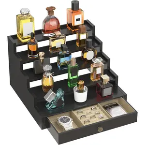 Perfume Organizer Cologne Holder Stand for Men, Wooden Wide-Spaced Shelf with Drawer, 5 Tier Large Capacity Rack for Dresser Countertop, for a Neat, Accessible Fragrance Display, Black